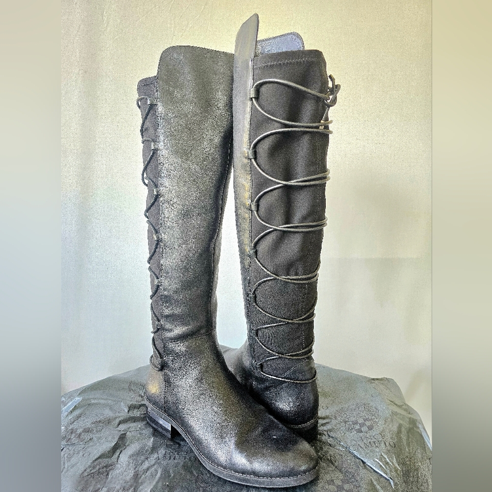 Vince Camuto Parle Black Knee-High Lace-Up Boots